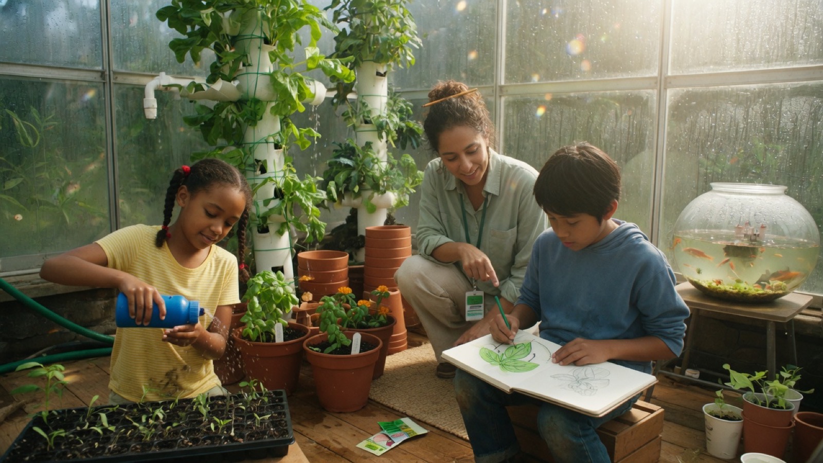 A child watering seedlings with an adult in a greenhouse.