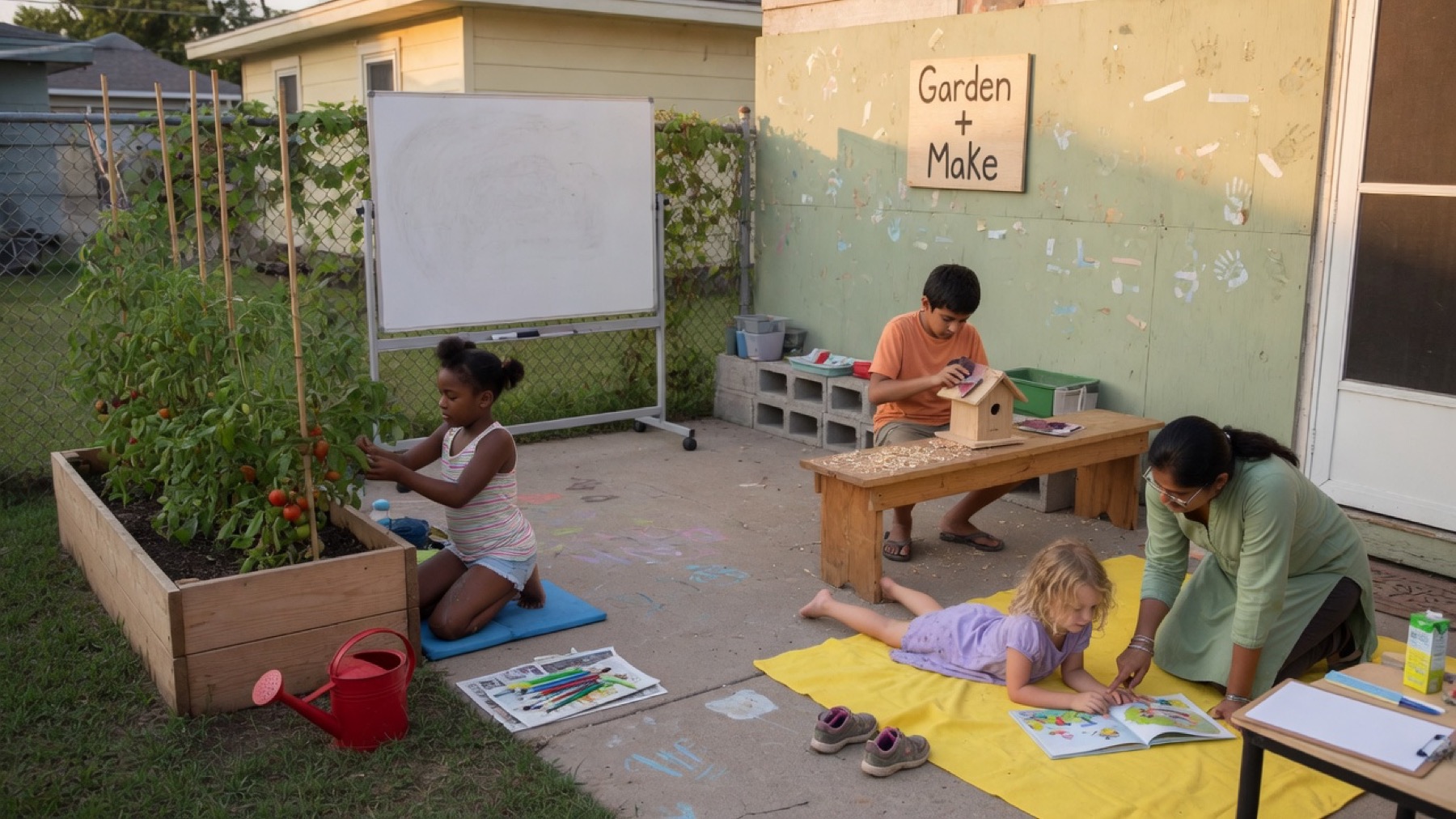Children gardening, building, and reading with an adult in a sunny courtyard.