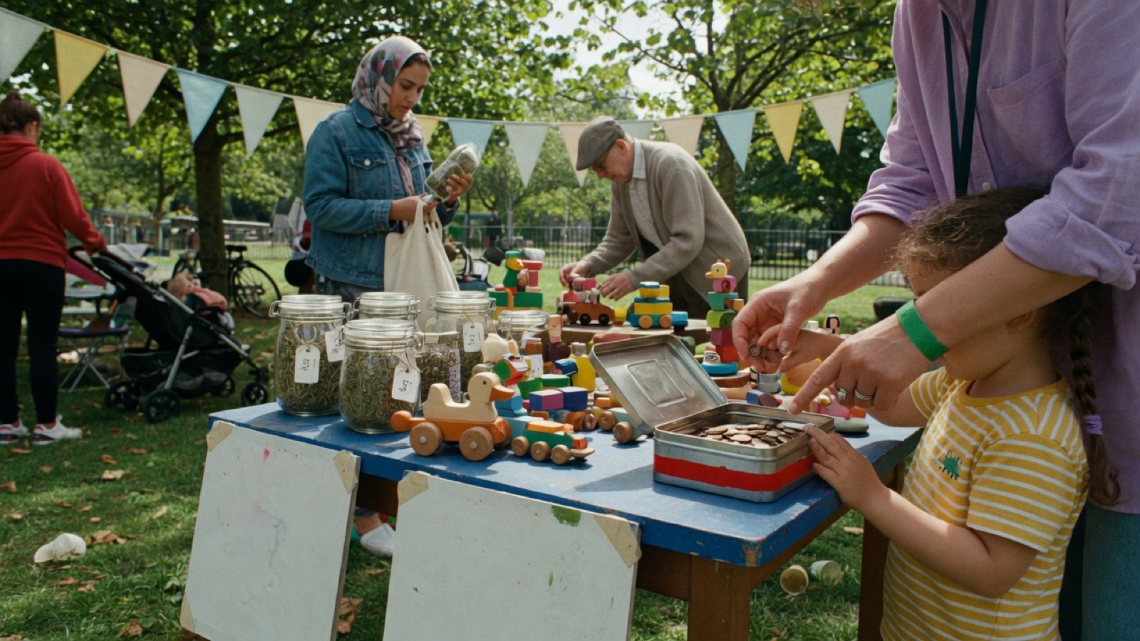 A child and an adult at a neighborhood table of plants and wooden toys.