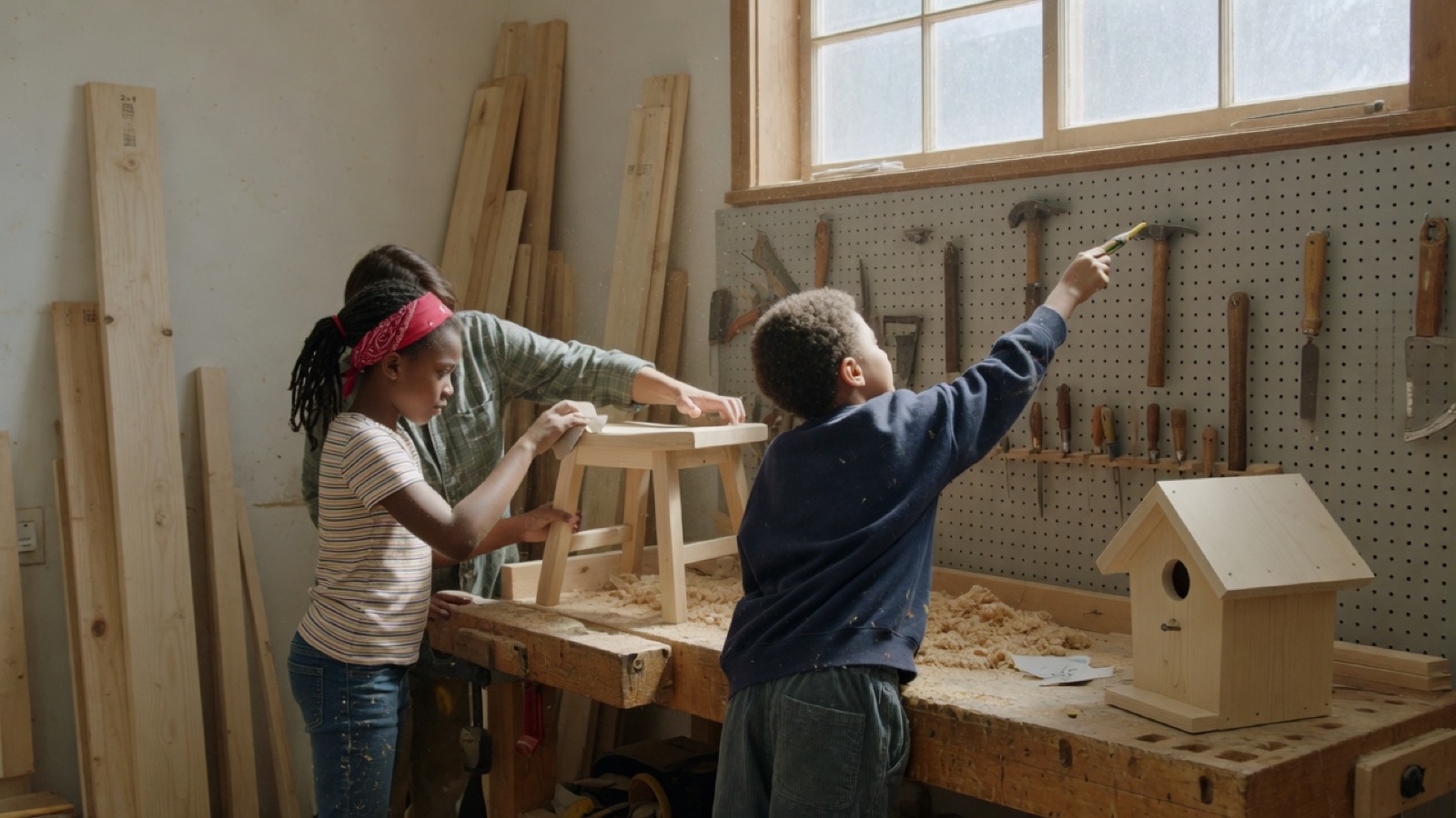 Children and an adult building a wooden stool in a bright shop.