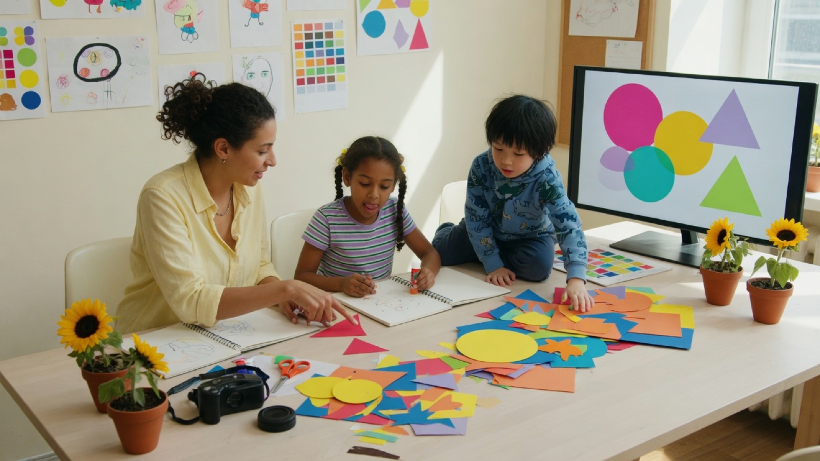 Children making colorful designs with an adult in a studio.